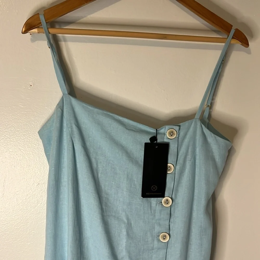 NWT VIX Paula Hermanny Linen Blend Spaghetti Strap Sky Blue Button Up Dress Sz M - Picture 2 of 10